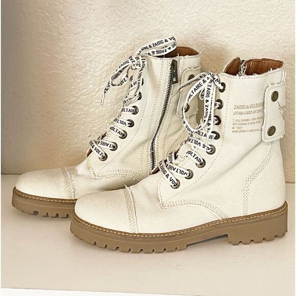 Zadig & Voltaire Joe Canvas military boots in color flash in cream New. 39/8 - Picture 15 of 16
